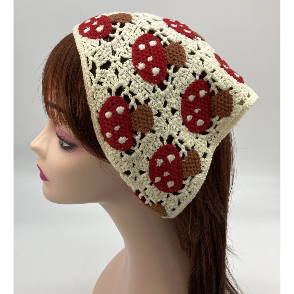 Crochet Mushroom Bandana Hair Kerchief Cottagecore Boho Head Scarf Red Cream Hip - Picture 5 of 10